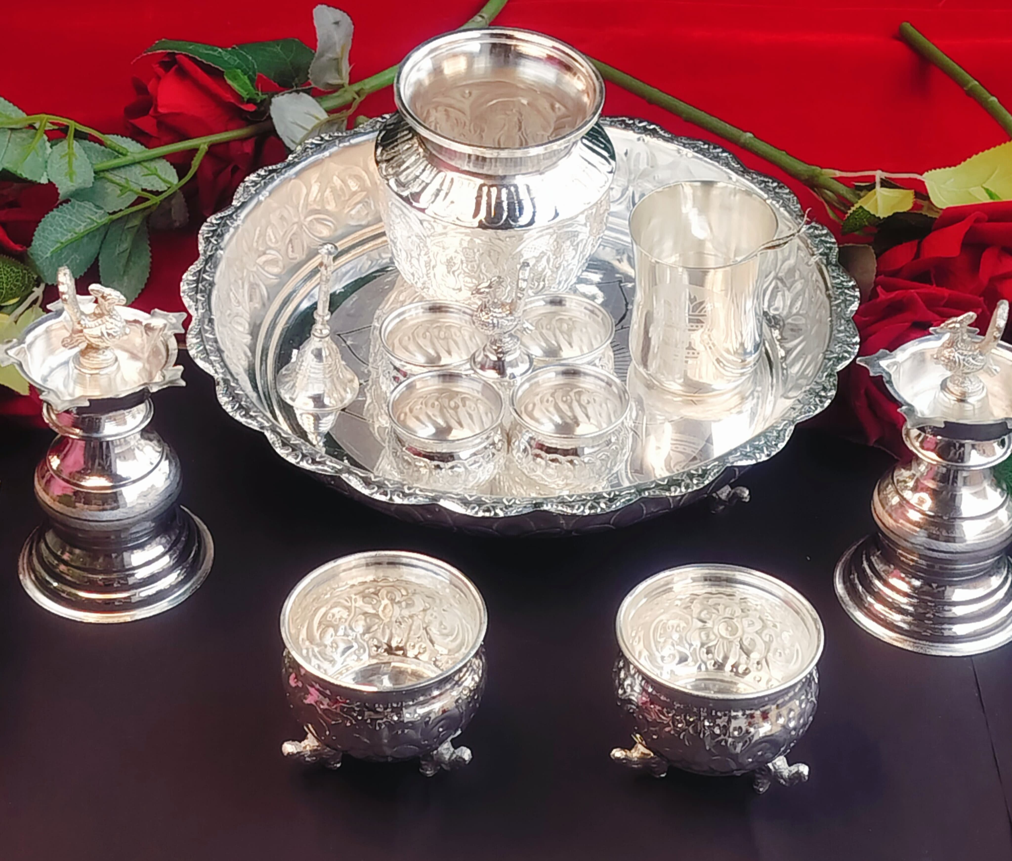 German Silver Combo Pooja thali Set of 9 Pieces Flower Tray Set